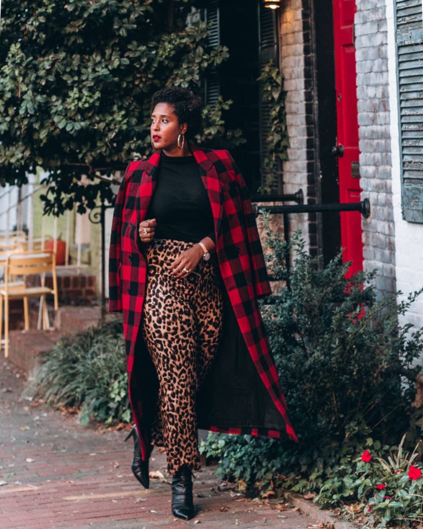 how to style fall trends buffalo print coat leopard pants from reformation top washington dc blogger curvy natural hair-15